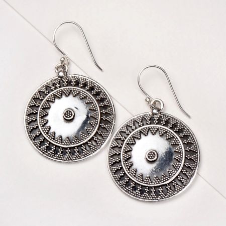92.5 Sterling Silver Earrings Round Engraved Oxidized Dangler Earrings
