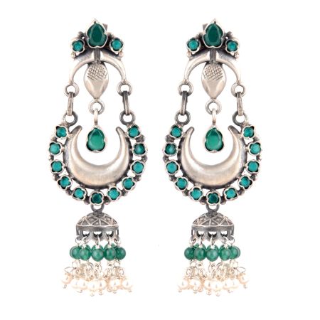 92.5 Sterling Silver Earrings Chandbali Green Onyx Studded Long Jhumki Earrings