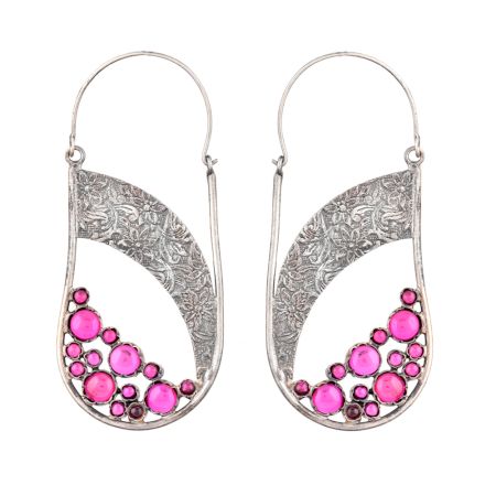 92.5 Sterling Silver Earrings Boho pink Tourmaline Semi precious Stones and Floral band