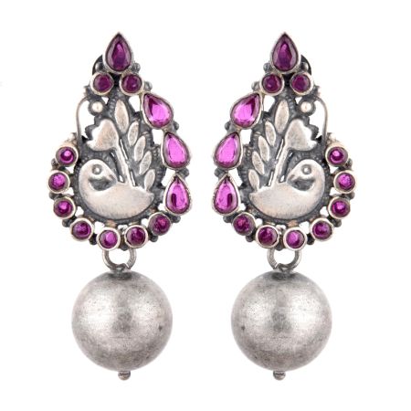 92.5 Sterling Silver Peacock Engraved Pink Tourmaline studded Ball Drop Earrings
