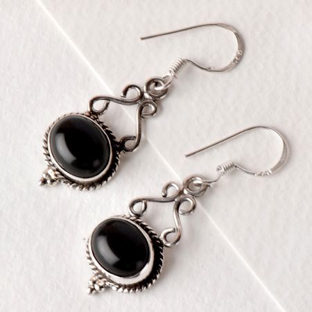 92.5 Sterling Silver Earrings Oval Black Onyx Cabochon Filigree Dangler Earrings