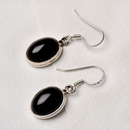 92.5 Sterling Silver Earrings Black Onyx In Oval Bezel Set Drop Earrings
