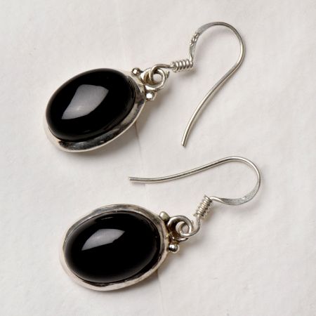 92.5 Sterling Silver Earrings Black Onyx Cabochon Bezel Set Drop Earrings