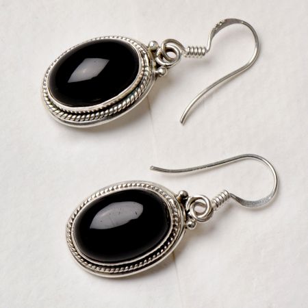 92.5 Sterling silver Earrings Oval Cabochon Black Onyx Bezel Set Hanging Earrings