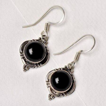 92.5 Sterling Silver Earrings With Black Onyx Round Cabochon Designer Border Drop Earrings