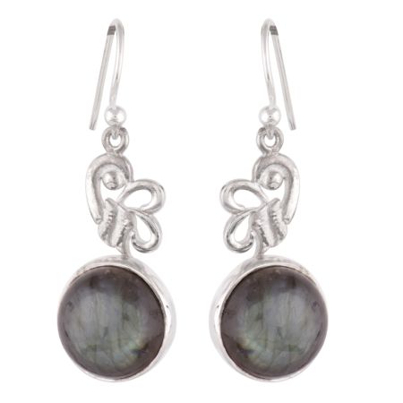 92.5 Sterling Silver Earrings Round Jasper Stone In Bezel Setting Wired Flower Design Drop Earrings