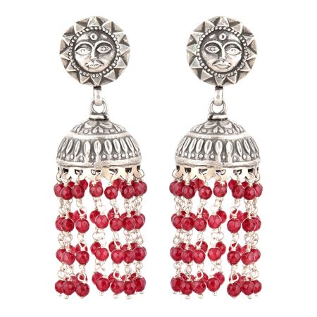92.5 Sterling silver Earrings Sun God Face Red Onyx Stone Beads Jhumkis