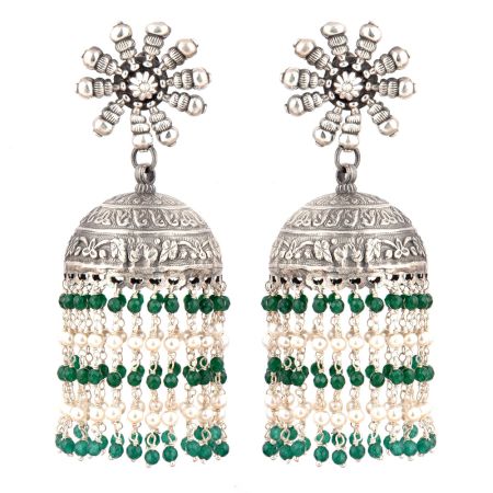 92.5 Sterling Silver Earrings  Big Sunflower Stud Jhumkis With Green onyx Beads Tassels