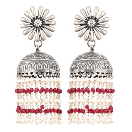 92.5 Sterling silver Earrings Big Flower Stud With Small Silver Beads With Red Onyx Chandelier Earrings