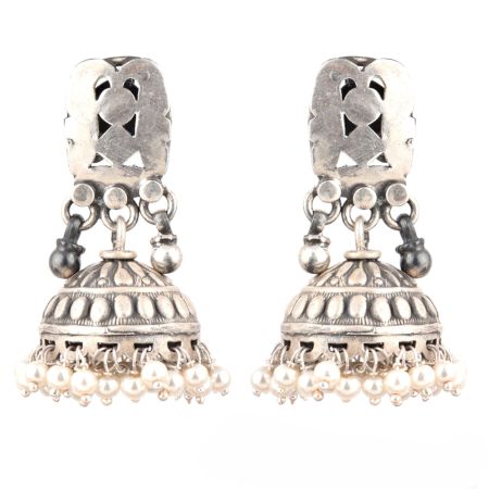 92.5 Sterling silver Earring Geometric Engraved Jhumkis With Silver Beads Tassels