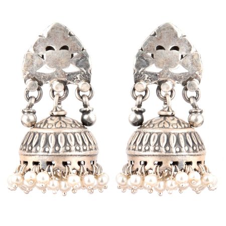 92.5 Sterling Silver Earrings Abstract Stud Design Jhumki  With Hanging Silver Beads