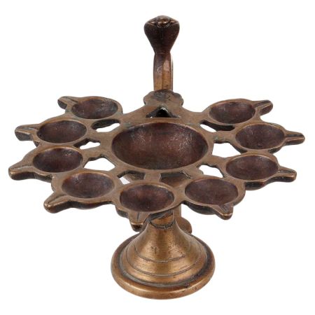 Brass Oil Lamp With Ten Wick Snake Head And Handle