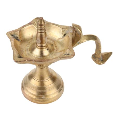 Small Brass Oil Lamp (Kuthu Vilakku) Four Wicks Snake Head Handle