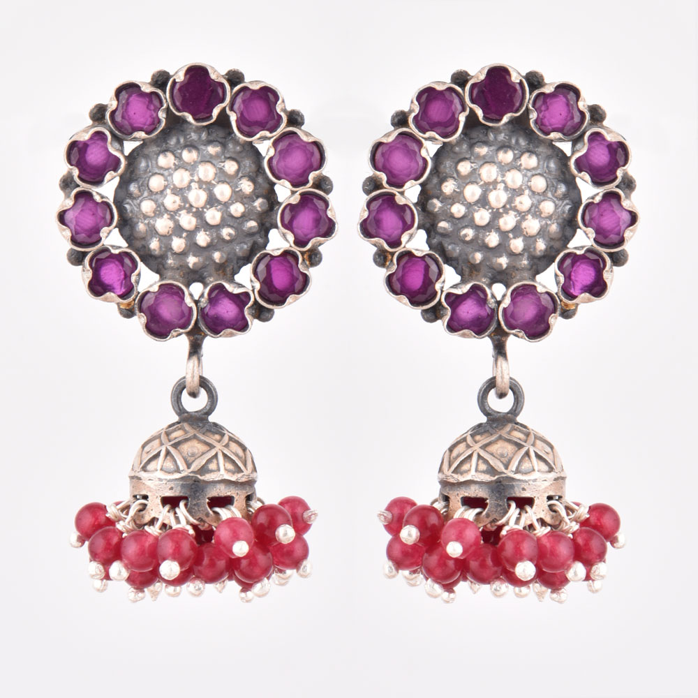 92.5 Sterling Silver Earrings Sunflower Design In Pink Tourmaline Designer Wear Earrings