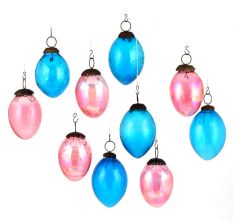 Set Of 10 Glass Christmas Ornaments Pear Shaped in Blue And Pink Colors