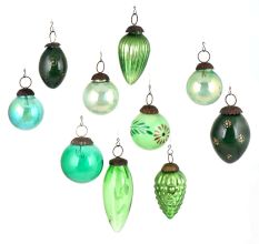 Set of 10 Green Glass Christmas Ornaments In Different Hues
