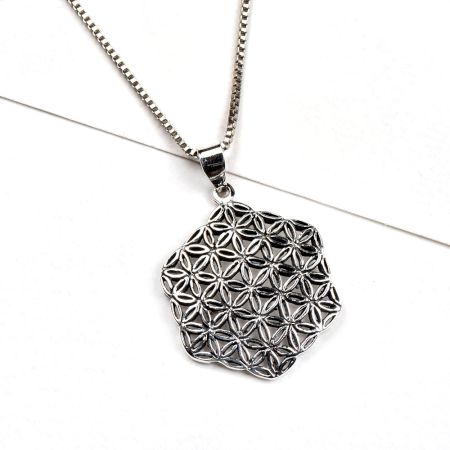 92.5 Sterling Silver Pendant Hexagon Sacred Flower Of Life