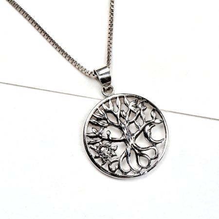 92.5 Sterling Silver Pendant Tree of Life With Crescent Moon And Sun Design