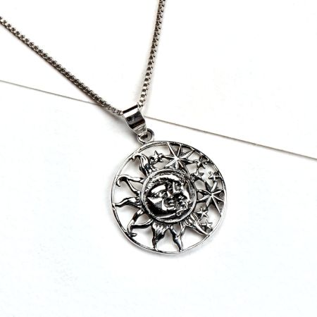 Round 92.5 Sterling Silver Pendant With  Crescent Moon Face Sun and Stars