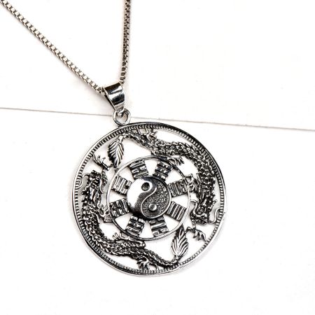92.5 Sterling Silver Pendant Ying Yang In Centre And Brick Dragon Design