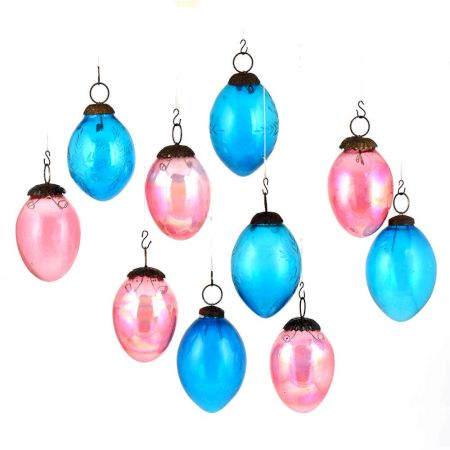 Set Of 10 Glass Christmas Ornaments Pear Shaped in Blue And Pink Colors