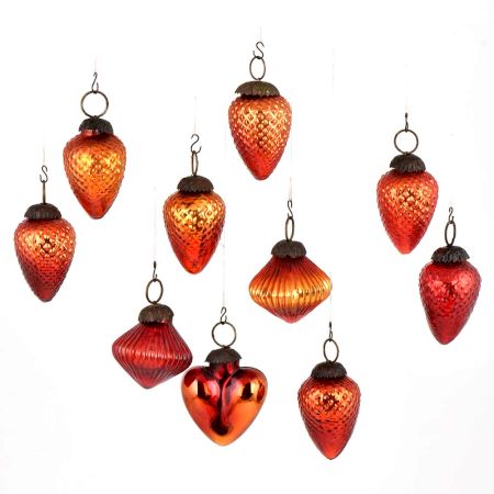 Set Of 10 Fiery Orange Glass Christmas Ornaments In Assorted Styles