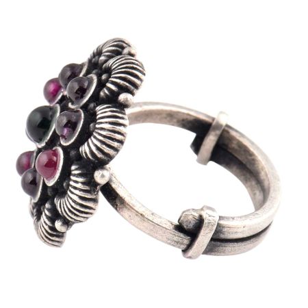 Adjustable Oxidized 92.5 Sterling Silver Ring Petals Round Amethyst And Onyx Stones (Free Size)