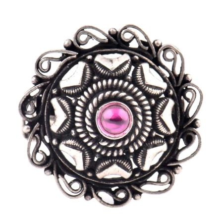 Oxidized 92.5 Sterling Silver Ring Adjustable Round Floral Amethyst Ring (Free Size)