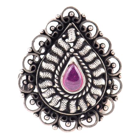 Oxidized 92.5 Sterling Silver Ring Adjustable Pear shaped Amethyst stone Designer Ring (Free Size)