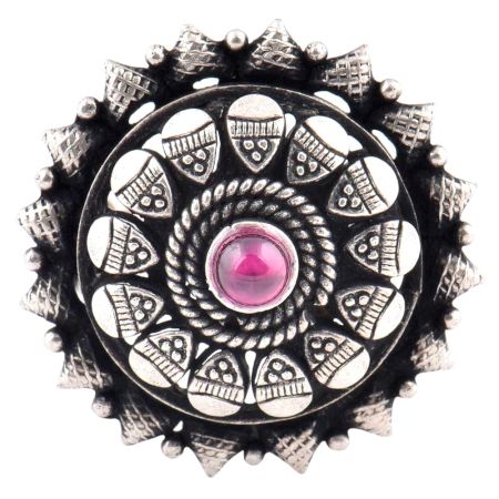 Tribal 92.5 Sterling Silver Ring With Round Amethyst And Embossed Design (Free Size)
