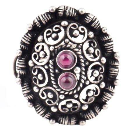 Oval 92.5 Sterling Silver Ring Embossed Motifs Design Dual Amethyst Stone (Free Size)