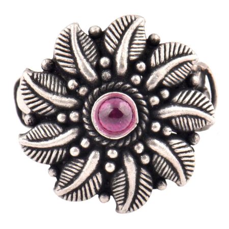 Floral Leaves Oxidized  92.5 Sterling Silver Ring Adjustable With Amethyst Stone For Women (Free Size)