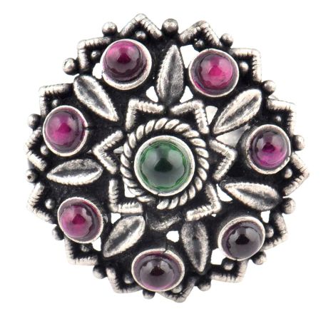 Stoned Floral 92.5 Sterling Silver Ring Adjustable Amethyst and Onyx Stones (Free Size)
