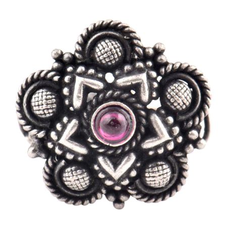 Floral Chequered 92.5 Sterling Silver Ring  Amethyst Stone Party Wear Fashion Accessory (Free Size)