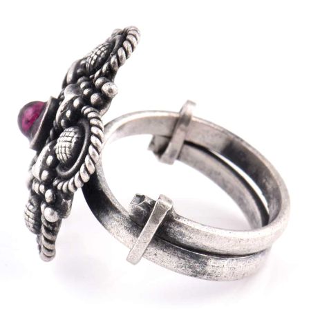 Floral Chequered 92.5 Sterling Silver Ring  Amethyst Stone Party Wear Fashion Accessory (Free Size)