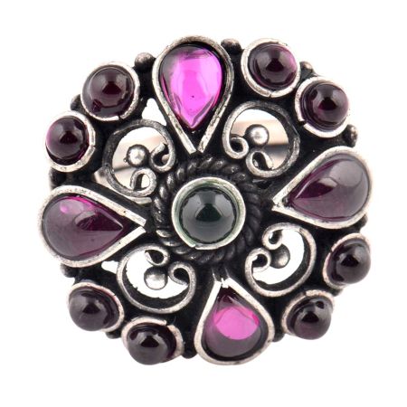 Amethyst Studded 92.5 Sterling Silver Ring With Intricate Design (Free Size)