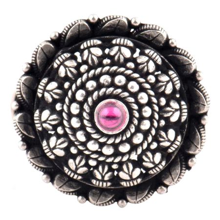 Handmade 92.5 Sterling Silver Ring With Traditional Motifs And Amethyst Stone (Free Size)
