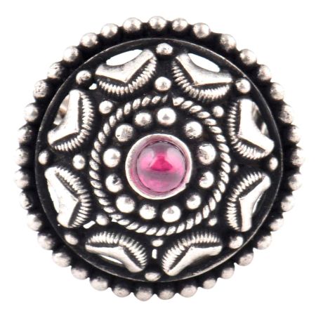 Starry Dotted 92.5 Sterling Silver Ring Oxidized With Amethyst Stone Centre (Free Size)