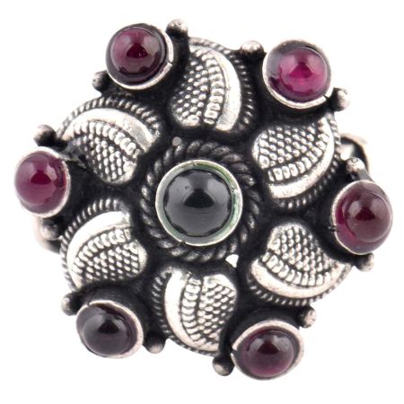 Engraved Petals 92.5 Sterling silver Ring Oxidized Adjustable Round Amethyst Stones For Girls (Free Size)