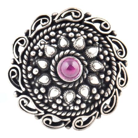92.5 Sterling Silver Ring  Adjustable With Round Amethyst with Pear and dotted Motifs And Scroll Design (Free Size)