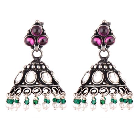 Pyramid Shaped 925 Sterling Silver Jhumki Earrings With Onyx Beads And Amethyst Stud