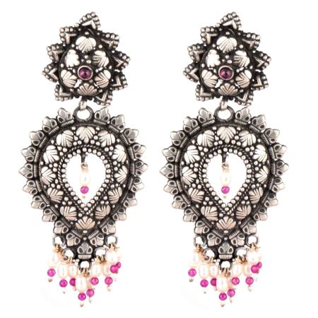 Floral 92.5 Sterling Silver Dangler Earrings Big Tear Drop Design With Pink Sapphire And Pearl