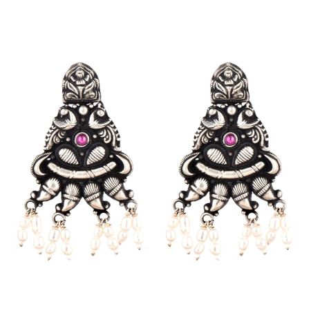 Peacock 92.5 Sterling Silver Earrings Engraved Feathers And Amethyst Stone  Danglers