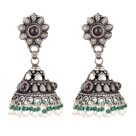 92.5 Sterling silver Earrings jhumki With Amethyst Stone Floral Stud And Onyx and Pearl Beads Tassels