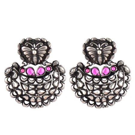 Butterfly 92.5 Sterling Silver Chandbali Earrings Fuchsia Jade Stoned Fashion For women