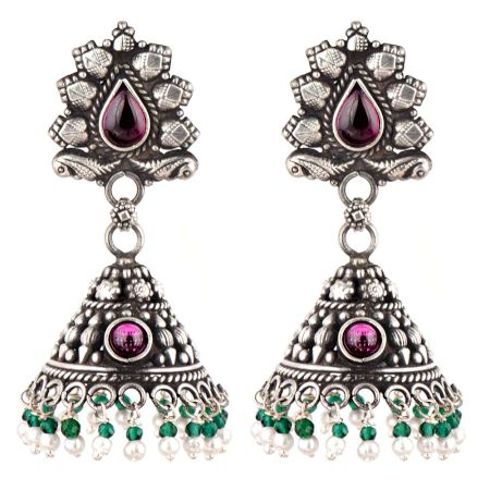 Indian Bird 92.5 Sterling silver Earrings Jhumki with Green Peridot And Pearl Tassels