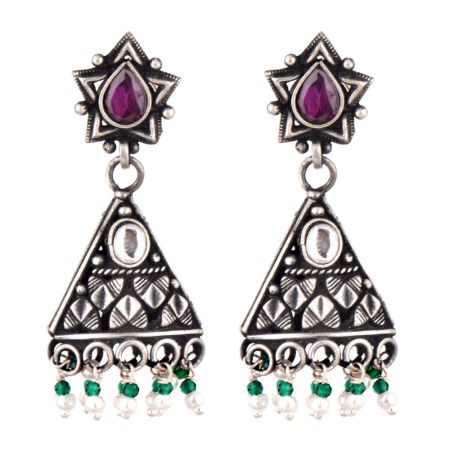 Star Amethyst 92.5 Sterling Silver Earrings  Pyramid Design Green Peridot And Pearl Beads