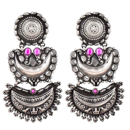 Three Layered 92.5 Sterling Silver Earrings Chandbali design border Floral Stud And Pink Onyx Stone