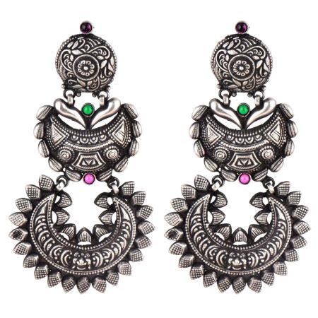 Three Layered 92.5 Sterling silver Earrings Engraved Design With Green Peridot and Pink Fuchsia Jade Stone