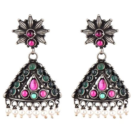 Semi precious Stones Studded 92.5 Sterling Silver Earrings or Jhumki Green Jade Pink Fuchsia And pearl Beads Tassels